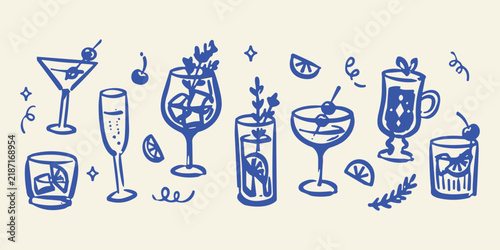 Hand-drawn cocktail vector set, blue ink sketch of alcoholic drinks and glassware, rustic bar menu illustrations with martini and champagne