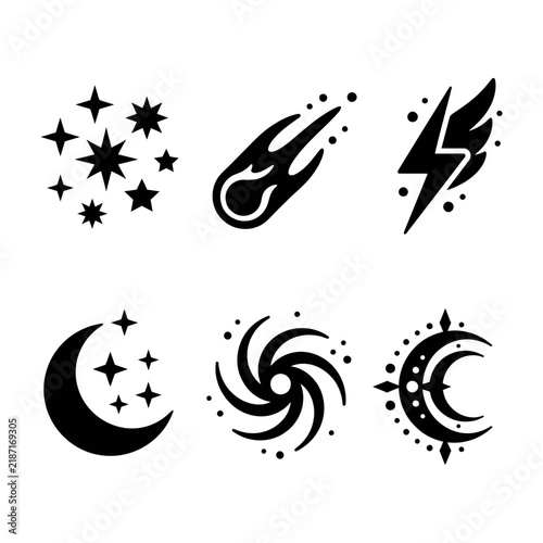 Set of black tribal symbols including stars, moon, lightning, and spiral designs.
