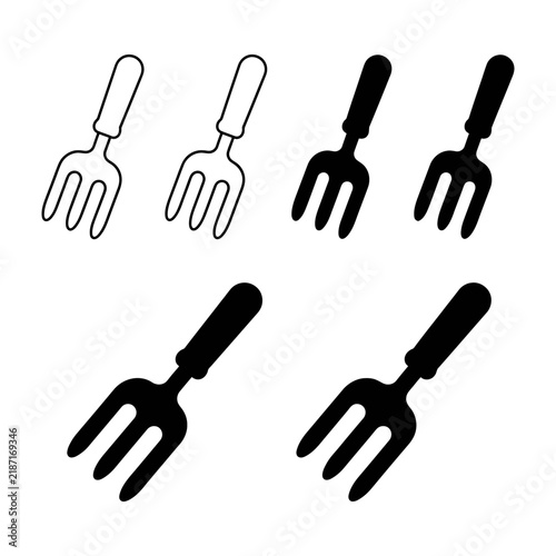 Set of black and white garden hand rake tool icons