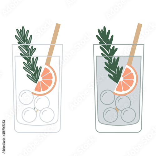 Refreshing summer drinks with rosemary and grapefruit slices on ice cubes