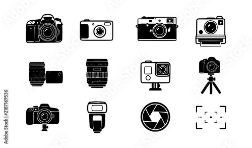Camera Icon Set Collection with Photography Equipment Symbols Black and White Vector