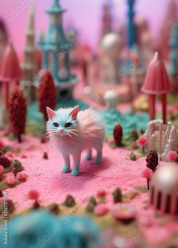 Tiny kitten in a surreal pastel wonderland