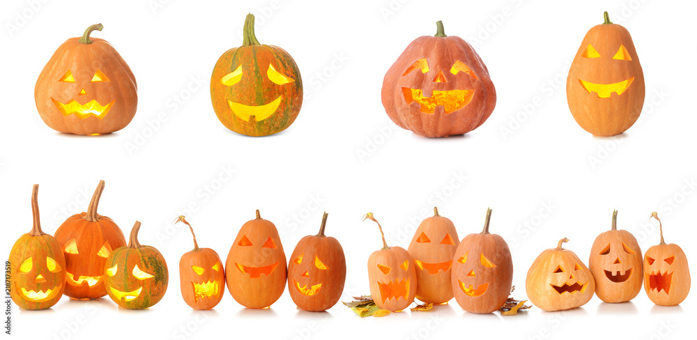 Obraz premium Halloween celebration and autumn holidays, collection of carved jack-o'-lantern pumpkins with glowing faces isolated on a clean white background