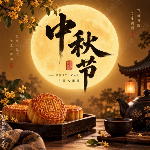 Mid-Autumn Festival celebration with mooncakes and tea under a glowing full moon