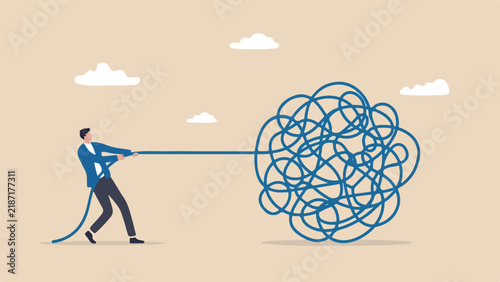 Complex problem solving, untangling a mess, finding a solution concept, businessman pulling a straight string out of a giant flat tangled knot, clean minimal flat vector illustration