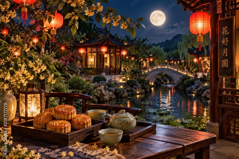 Fototapeta premium Moonlit traditional Chinese garden with lanterns and mooncakes during a harvest festival celebration
