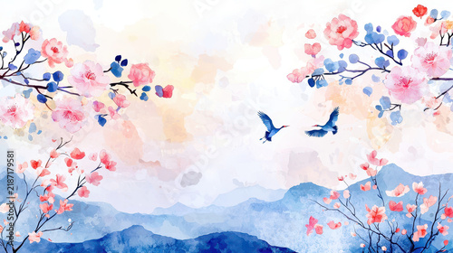 Beautiful watercolor painting featuring cherry blossoms and cranes in serene landscape. soft colors create tranquil atmosphere