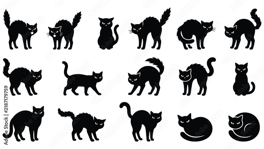 Fototapeta premium Set of black cat silhouettes in various poses and expressions