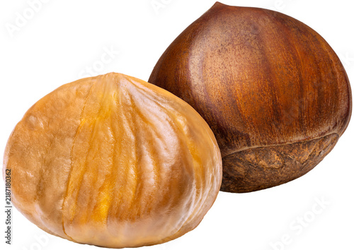 Freshly roasted chestnuts with cracked shells, isolated on a white background, with png file, Perfect visual for healthy snack marketing, gourmet food recipes.