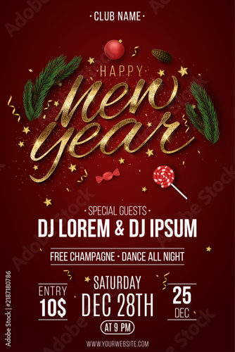 Elegant New Year party flyer design on a red background featuring golden glitter script text, Christmas tree branches, candy with stars and confetti for a club poster celebration with DJ. Vector.