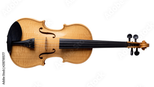 Foto Acoustic violin with light wood grain and black chin rest, isolated on transpare