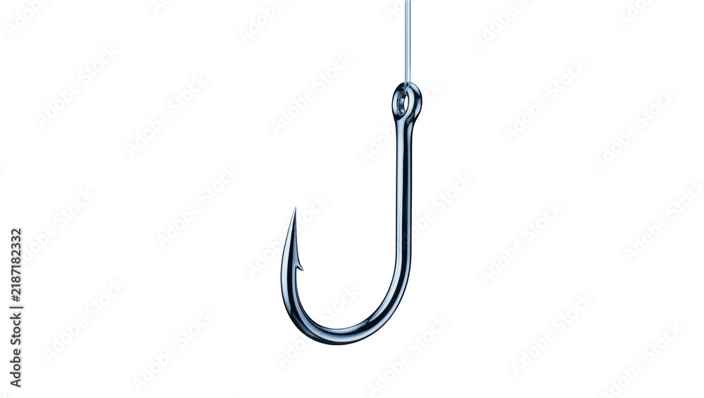 Fototapeta premium Shiny metallic fishing hook suspended by thin thread, isolated on transparent background