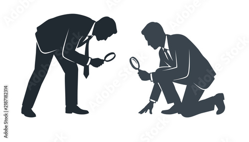 Photography Vector silhouette illustration of two corporate businessmen using magnifying gla