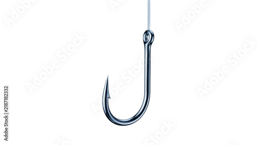Quadro su tela Shiny metallic fishing hook suspended by thin thread, isolated on transparent ba