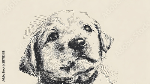 Hand-drawn ink sketch of an adorable golden retriever puppy looking up with curiosity