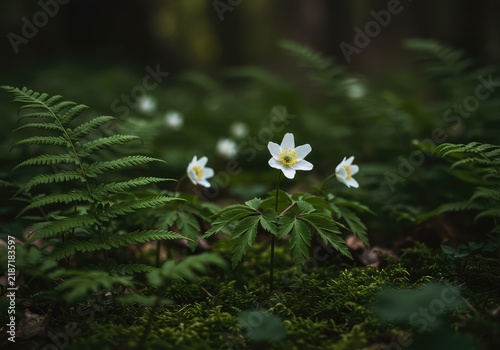 Delicate white spring wildflowers blooming brightly on the mossy forest floor among green ferns, symbolizing renewal and quiet woodland beauty ,woods ,vibrant ,peaceful