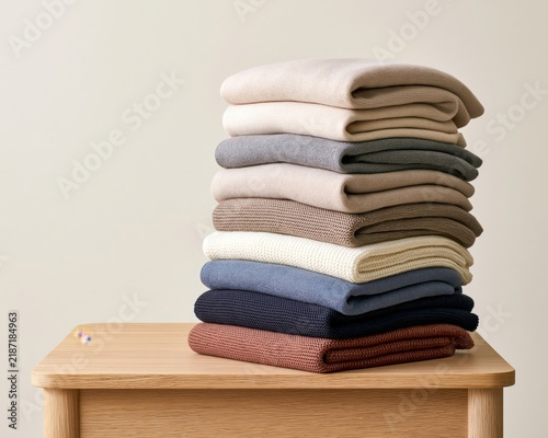 Naklejka Folded knitwear arranged in precise stack on wooden table with neutral gradient ton