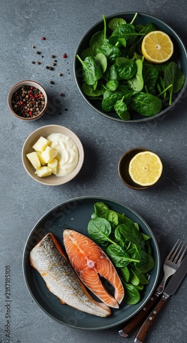 Healthy meal prep focused on ketogenic principles with omega-rich fish, fresh green vegetables, and delicious healthy fat sources ,natural ,Low carb ,wholesome