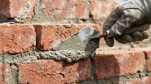 Construction worker using a trowel to lay bricks with mortar on a wall