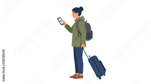 Modern female traveler with backpack and luggage scanning digital boarding pass QR code on smartphone for airport check-in