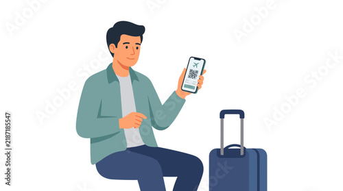 Flat illustration of a man sitting with suitcase holding smartphone with digital boarding pass for airport travel concept