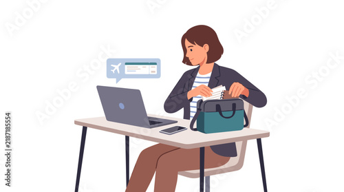 Businesswoman packing her bag and checking flight details on laptop for travel preparation in clean flat style
