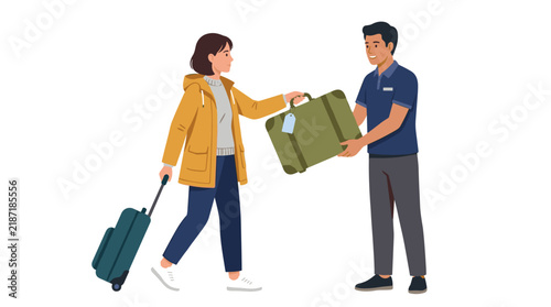Professional vector illustration of a female traveler handing luggage to a staff porter for hotel check-in or delivery