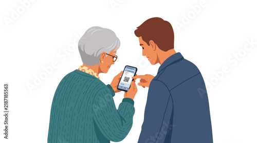 Intergenerational assistance as young man teaches elderly woman how to scan QR code on smartphone screen flat illustration