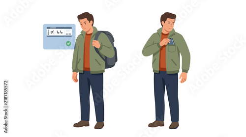 Male traveler with backpack checking digital boarding pass and putting smartphone in pocket for airport security and flight