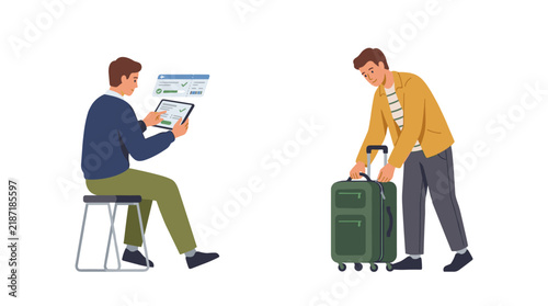 Flat vector illustration of young men preparing for travel by booking flights online and packing green luggage