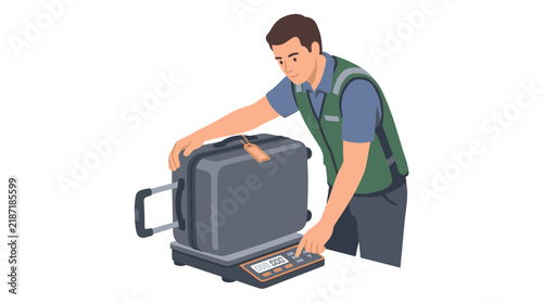 Airport staff member weighing a grey suitcase on a digital scale for baggage check-in process flat illustration