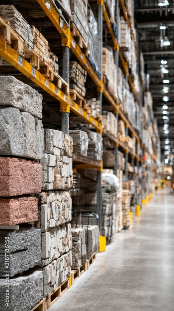 Fototapeta premium A warehouse aisle filled with stacks of stone blocks and pavers on yellow shelving units with a blurred background.