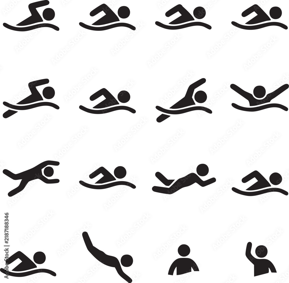 Obraz premium Swimming icons vector set with silhouettes of swimmers in various strokes and poses in water