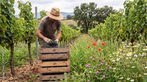 Sustainable Vineyard Harvest With Reusable Crates And Cover Crops For Organic Wine And Regenerative Agriculture