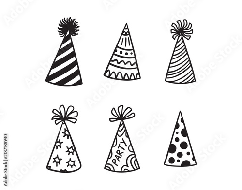 Festive party hats hand drawn doodle funny set. Party hats drawing outline elements set.
