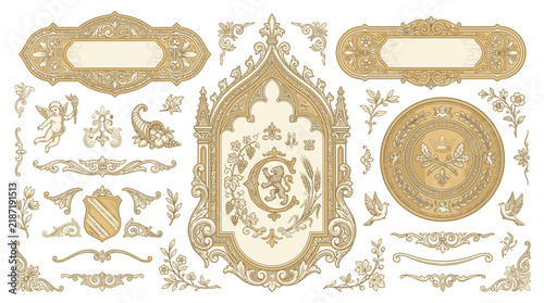 Vintage Ornament Collection: Scrolls, Crests, and Flourishes on Transparent Background