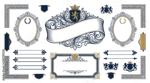Vintage Ornament Set: Crowns, Crests, Ribbons, Frames, Borders, Isolated