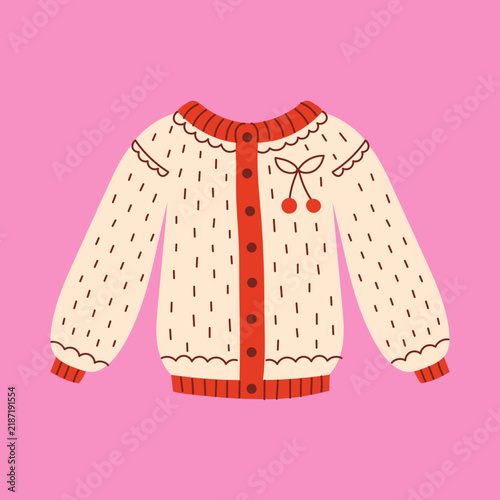 Knitted Sweater with Lace and Cherry. Coquette Vintage  Pullover with delicate trim and small berry motif. Elegant feminine winter fashion, girlish retro apparel,  charming seasonal style. Vector