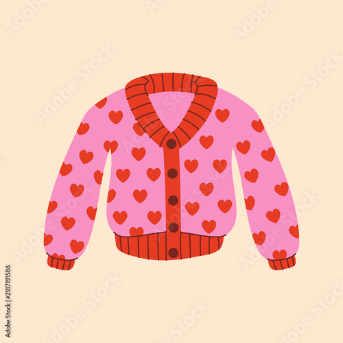 Pink Button Cardigan with Hearts. Playful Coquette vector illustration of rosy knitted jacket featuring front fasteners. Cute romantic winter wear for feminine boutique branding.