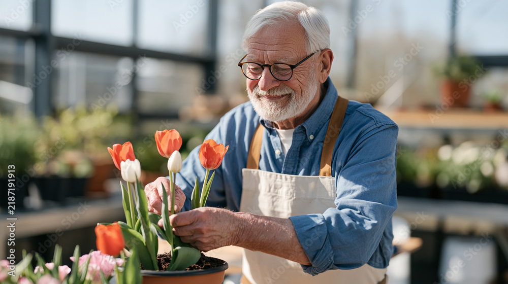 Obraz premium Elderly man with trembling hands carefully arranging tulips in a garden pot during Parkinson awareness day, determination visible on his weathered face, morning light filtering