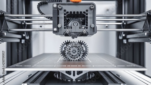 Obraz na płótnie Industrial 3D printer creating plastic gears, additive manufacturing process in laboratory, high-tech rapid prototyping machine