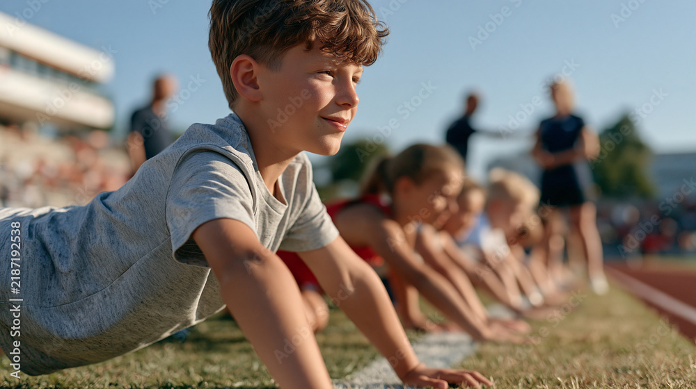 Obraz premium Teenage athletes cooling down after a team track practice on an open-air stadium, stretching in pairs on the grass infield, coaches nearby offering guidance, youth sports