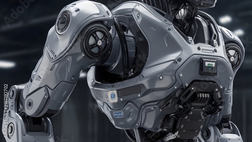 Futuristic humanoid robot torso, metallic silver android machine, advanced robotics technology for industrial automation