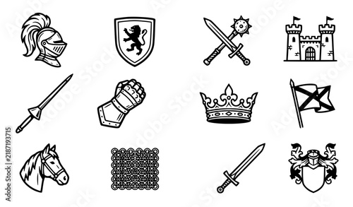 Medieval knight history icons set with helmets shields swords castle armor and heraldic symbols