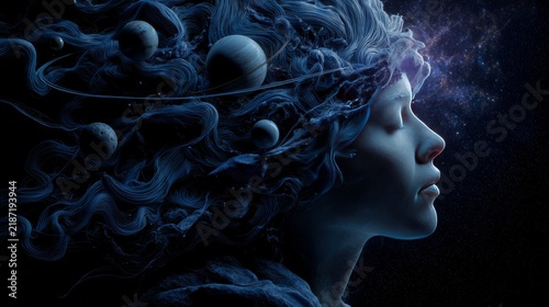 A side profile of a woman with flowing hair morphing into a cosmic scene of planets, nebulas, and starlight