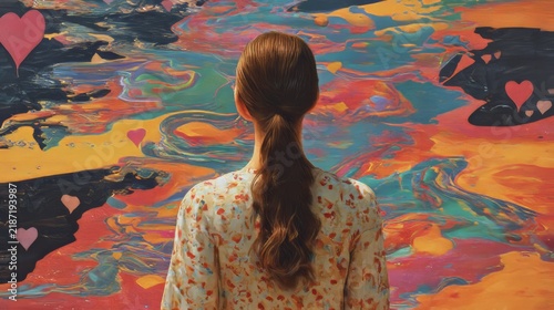 A woman with long hair faces a vibrant, swirling abstract painting dotted with heart shapes