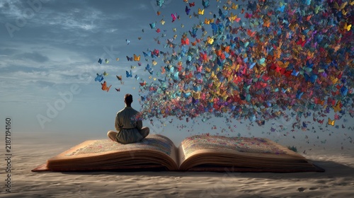 A person meditates atop an open book, with vibrant butterflies emerging from its pages into the vast sky
