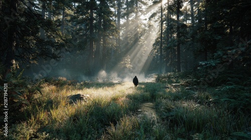 A lone figure walks into a sunlit forest clearing. Beams of light pierce the dense canopy, illuminating the path ahead