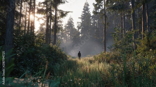 A person walks into a misty forest, sun filtering through the trees, casting a warm glow on the path