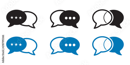Speech bubble chat icon set in black and blue colors featuring three stars and ellipsis dots for modern discussion.